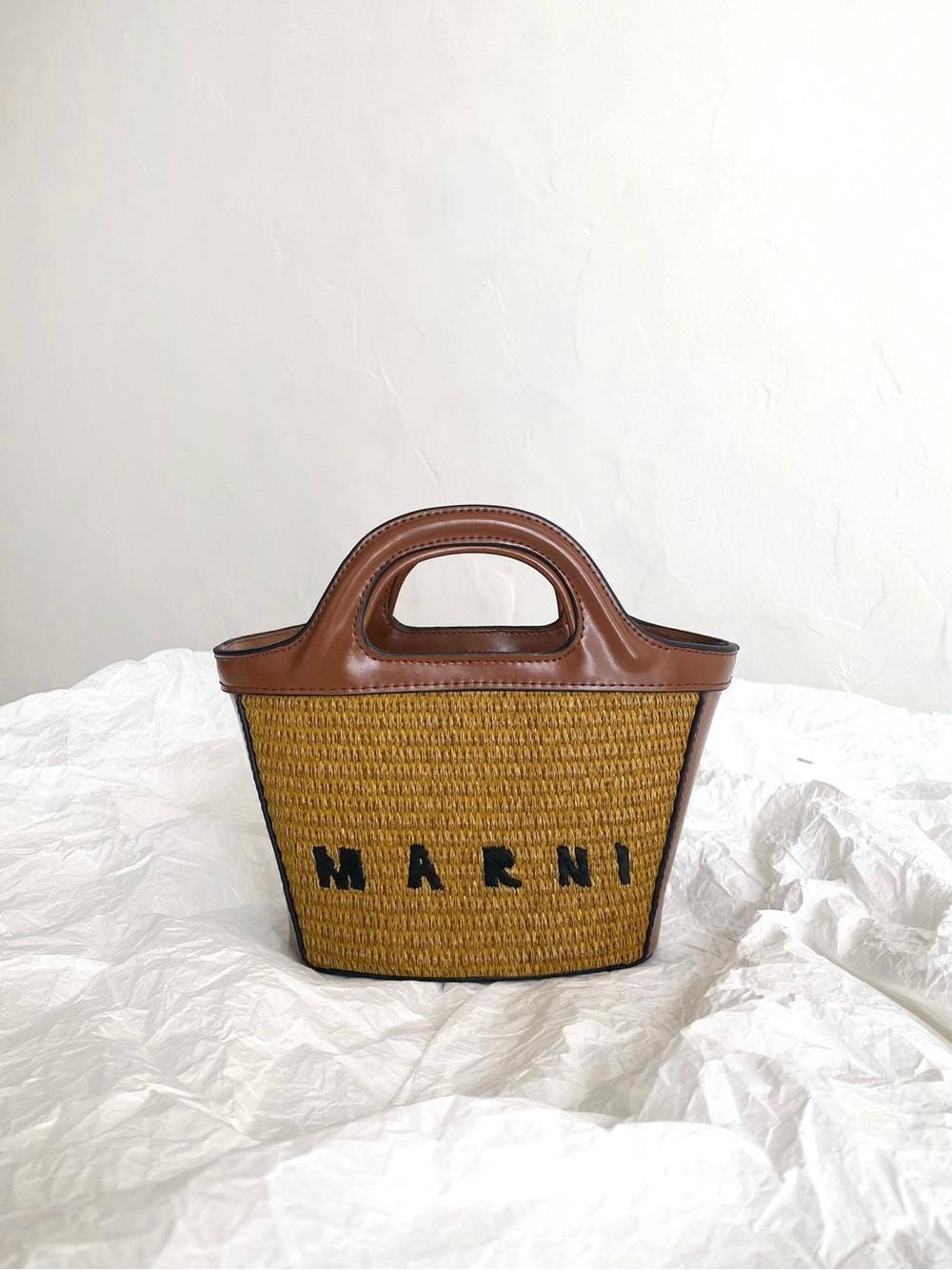 Marni Yellow Straw Mini Tote with Brown Leather Trim